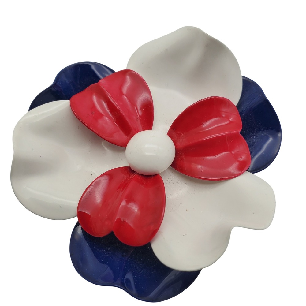 Patriotic USA Flower Power Brooch Red White Blue Enamel‎ Mod Pin Vintage Layered